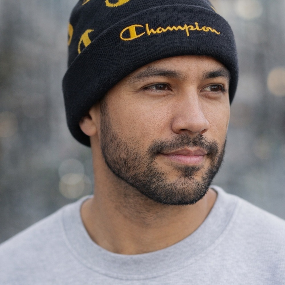 Champion Logo All Over Knit Navy Gold Beanie Hat One Size Fits All Unisex